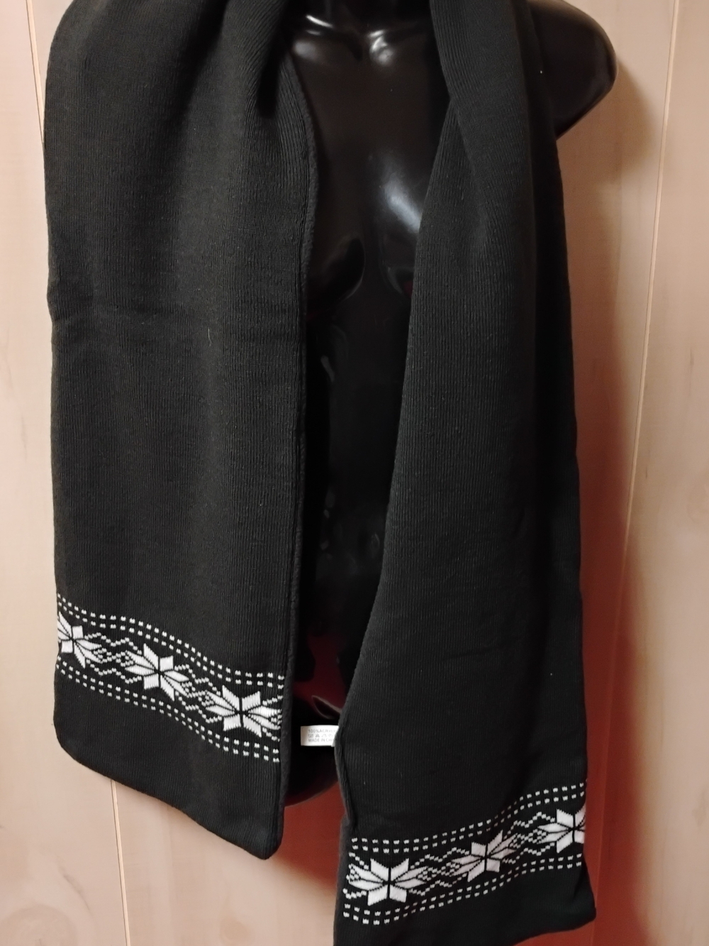 Men's Black Knit Scarf with White Snowflake Border